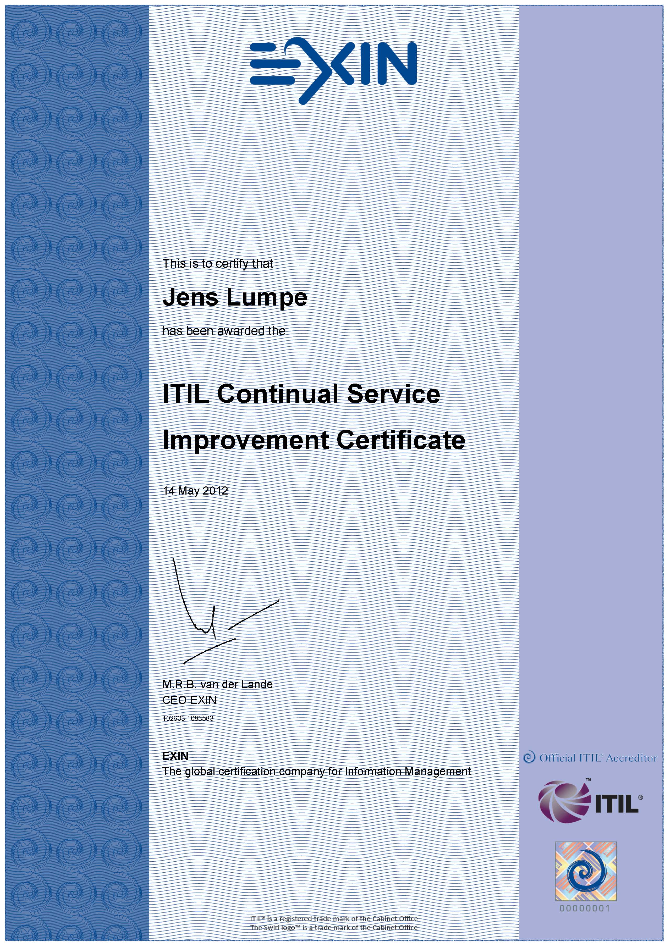 Zertifikat EXIN - ITIL V3 Expert Continual Service Improvement