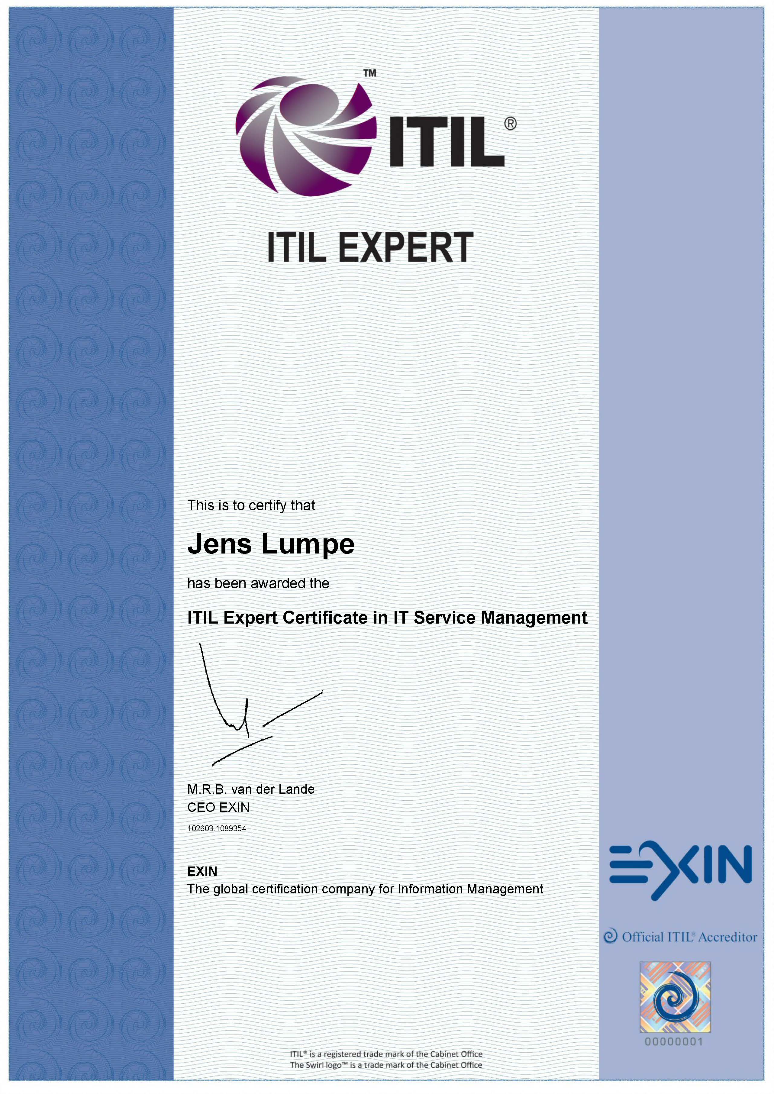 Zertifikat EXIN - ITIL V3 Expert IT Service Management