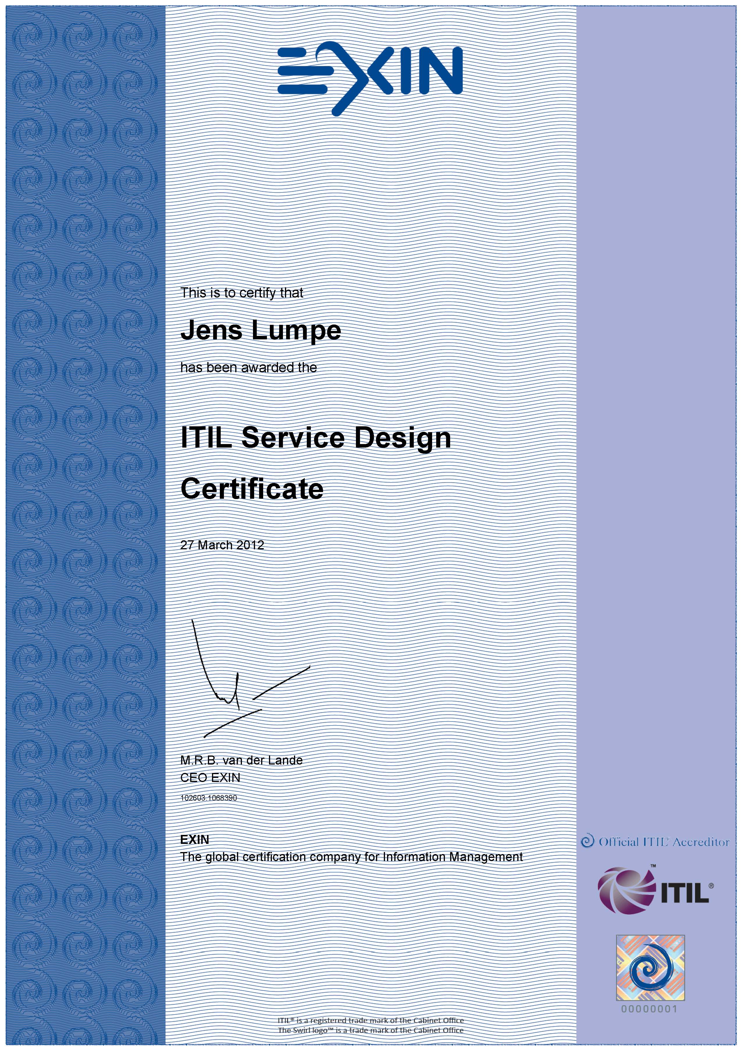 Zertifikat EXIN - ITIL V3 Expert Service Design