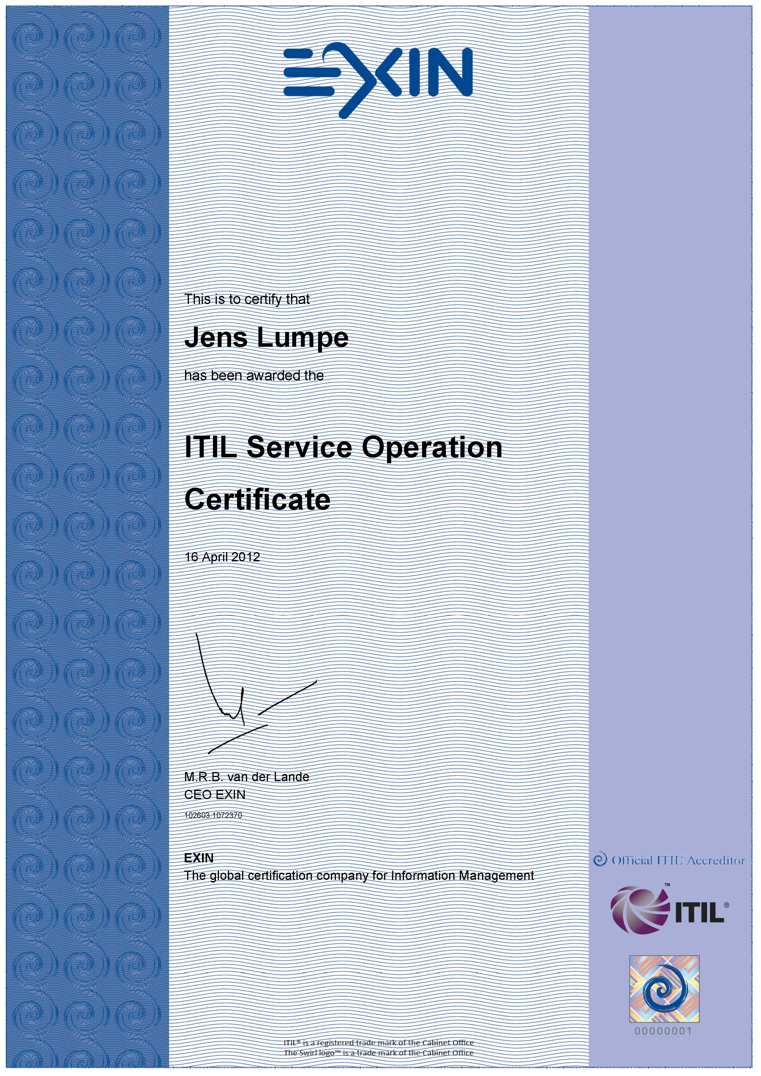 Zertifikat EXIN - ITIL V3 Expert Service Operation