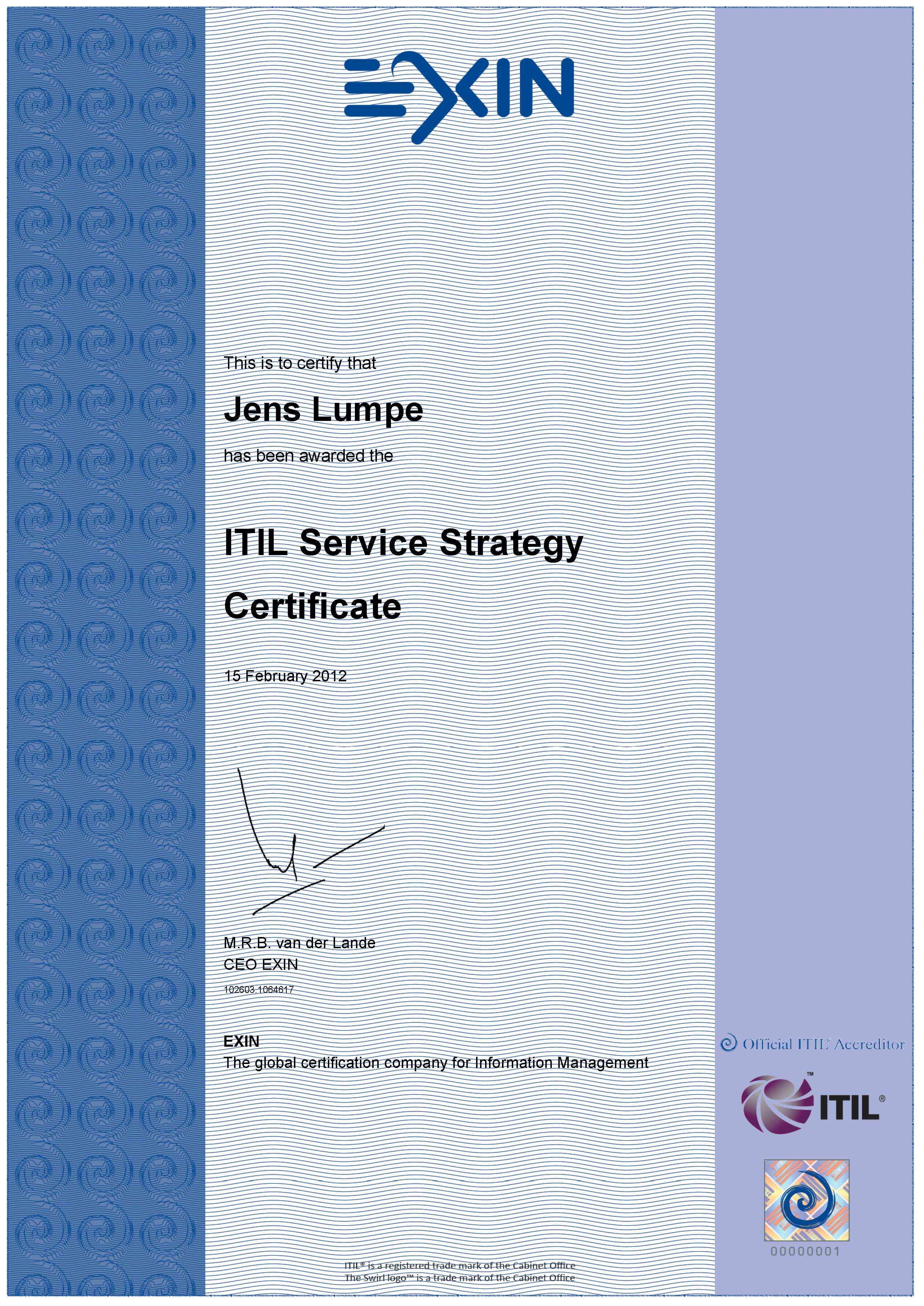 Zertifikat EXIN - ITIL V3 Expert Service Strategy