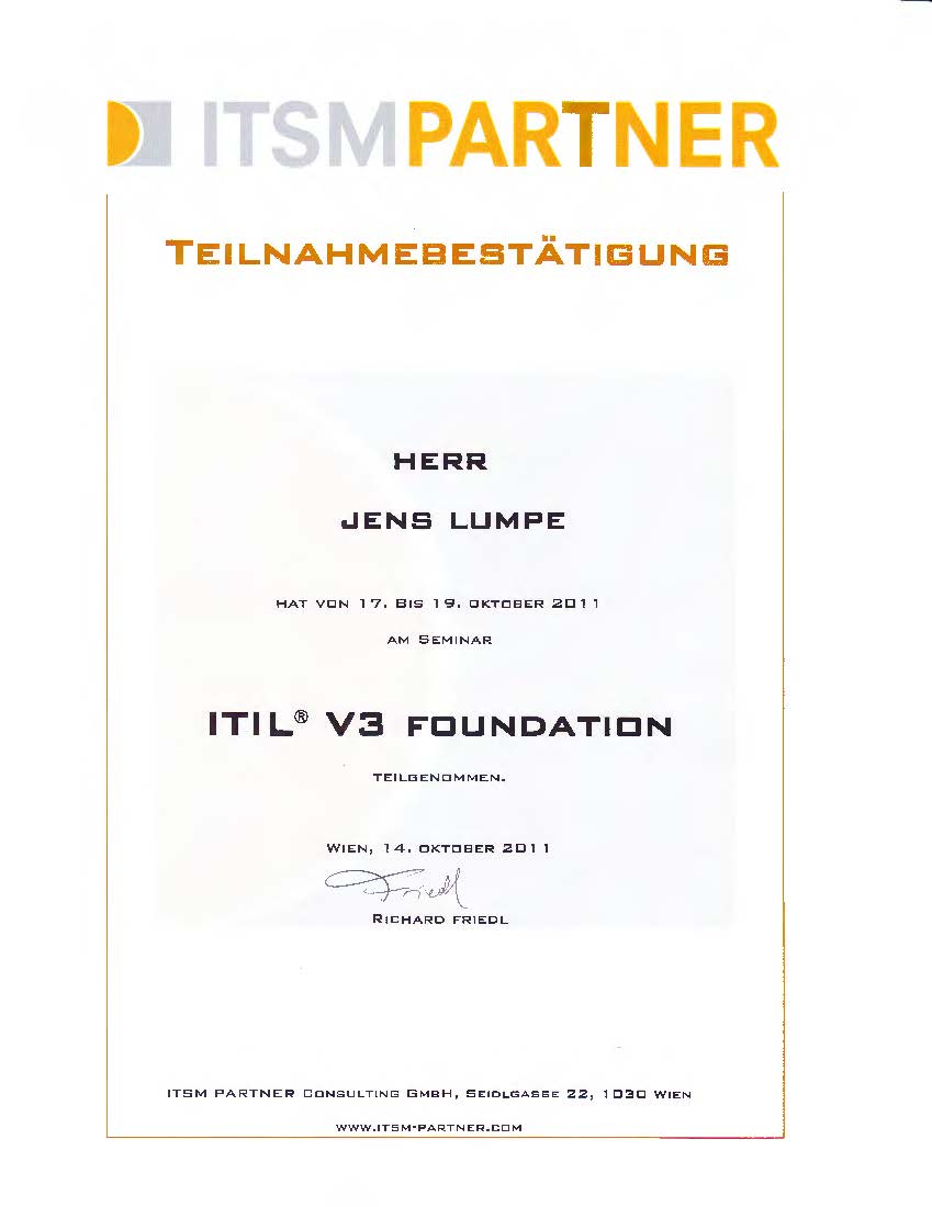 Zertifikat ITSM - ITIL V3 Foundation