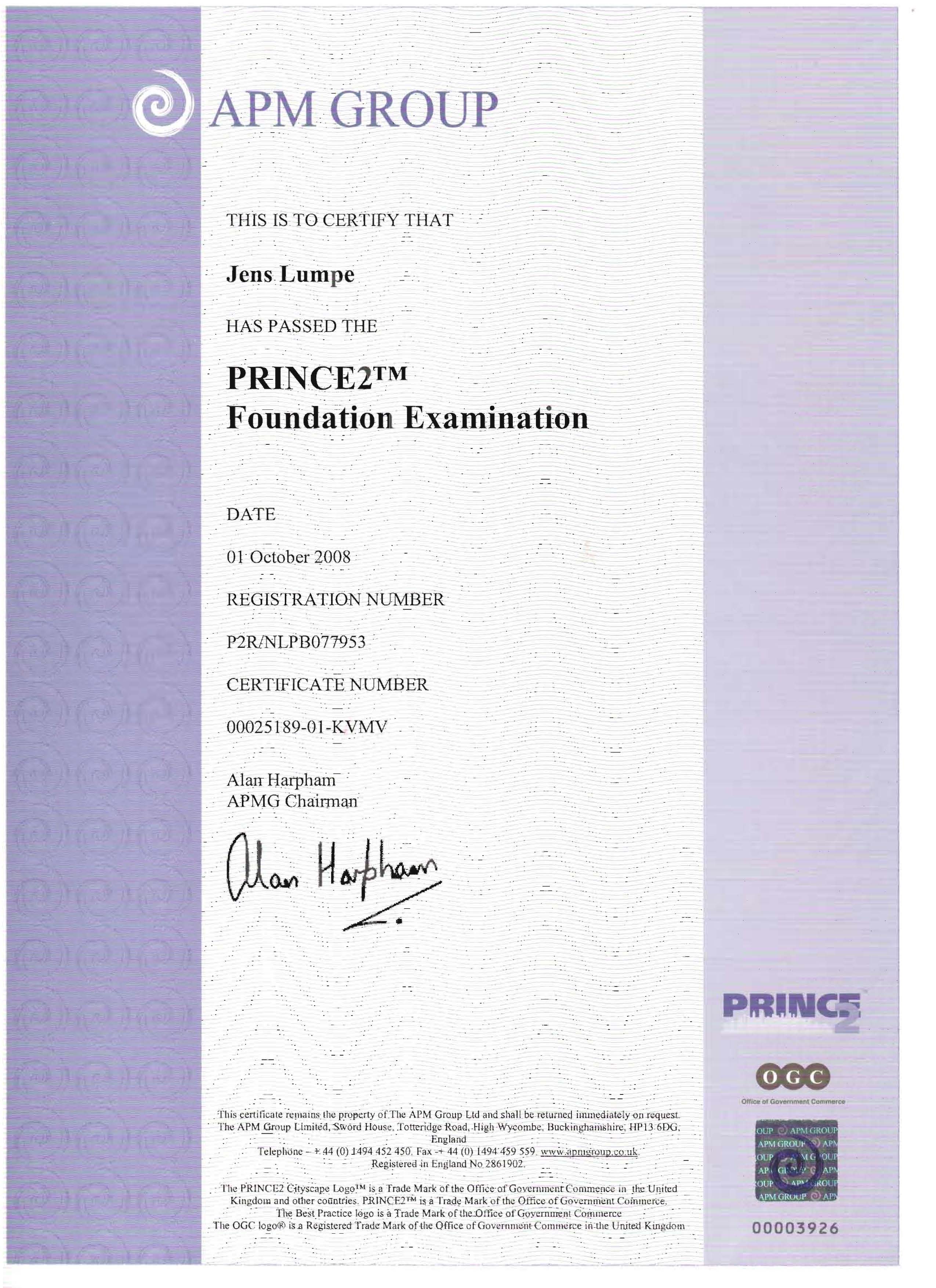 Zertifikat APM Group - PRINC2